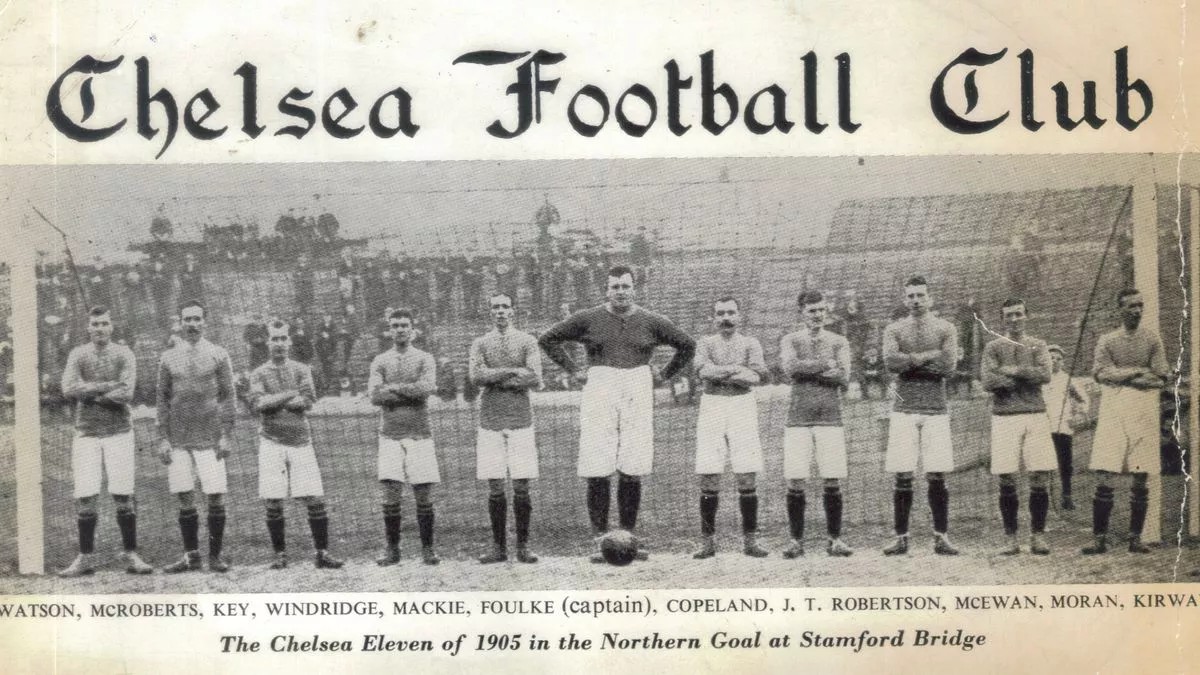 Chelsea's first eleven standing in a line at Stamford Bridge in 1905